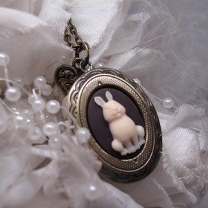 Bronze BUNNY Rabbit Cameo locket Necklace Mourning